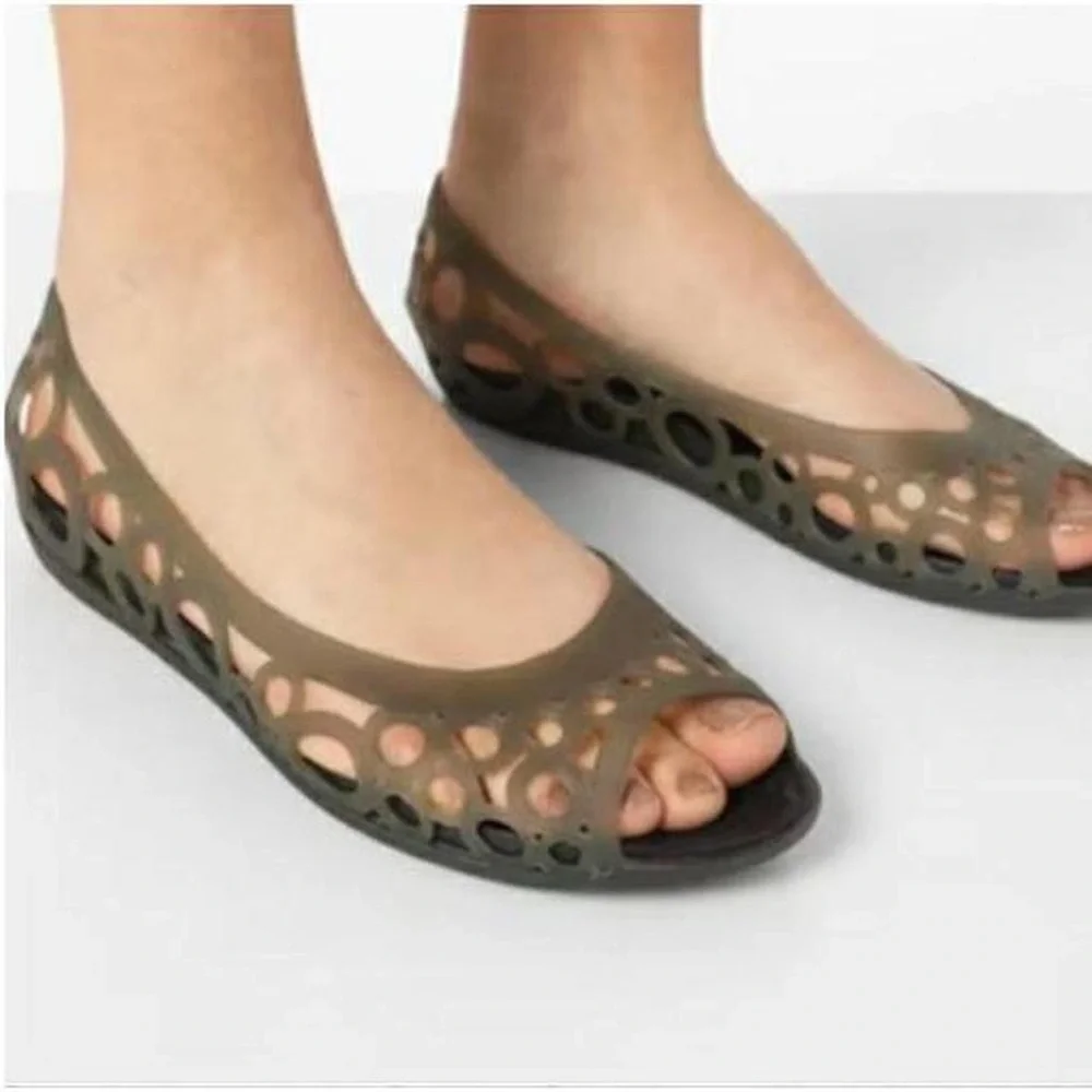 CROCS Womens Adrina Sandals Smoky Green Cutouts Jelly Flats Peep Toe Shoe Sz 10✨ - Picture 1 of 6
